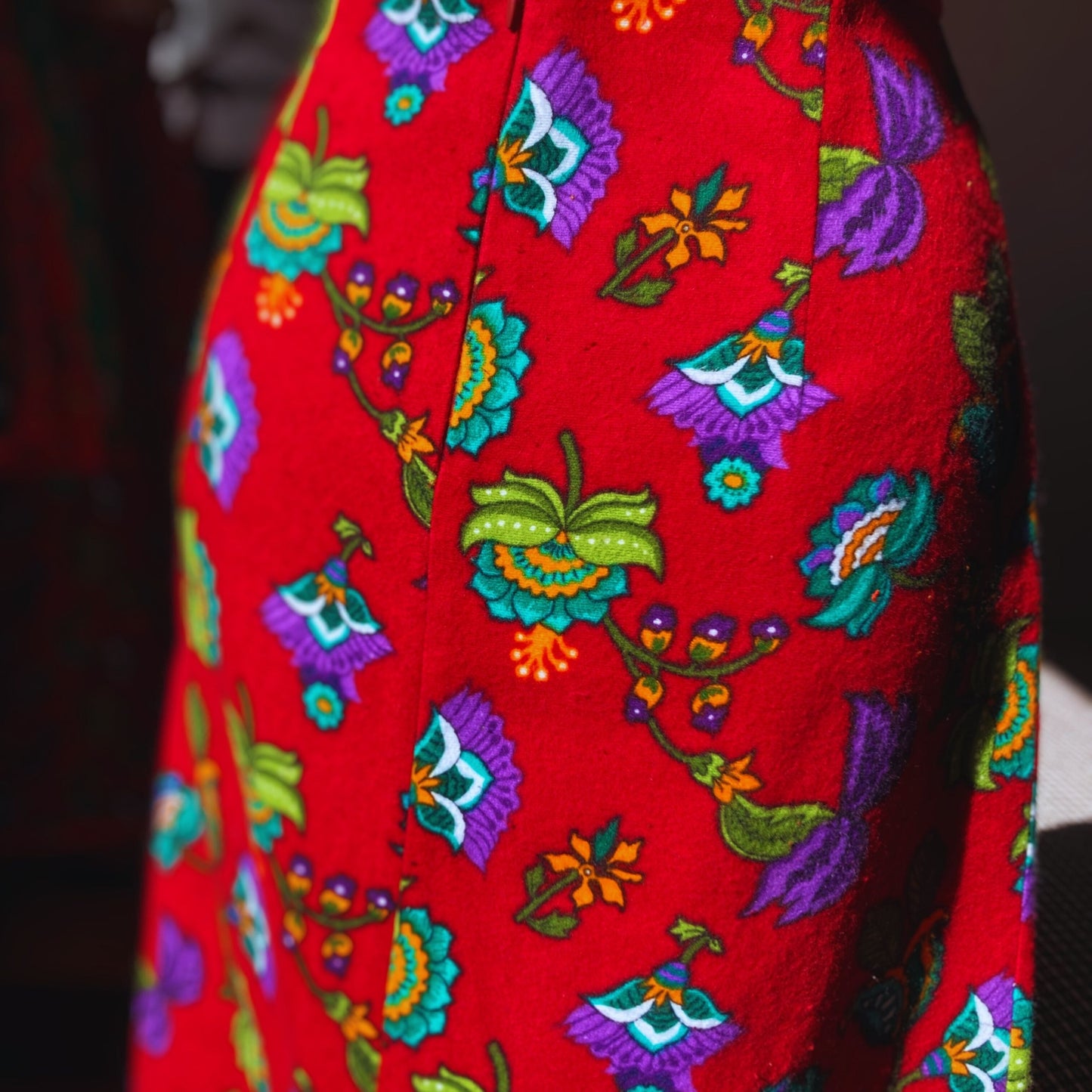 Red Slit Midi Skirt with Flowers