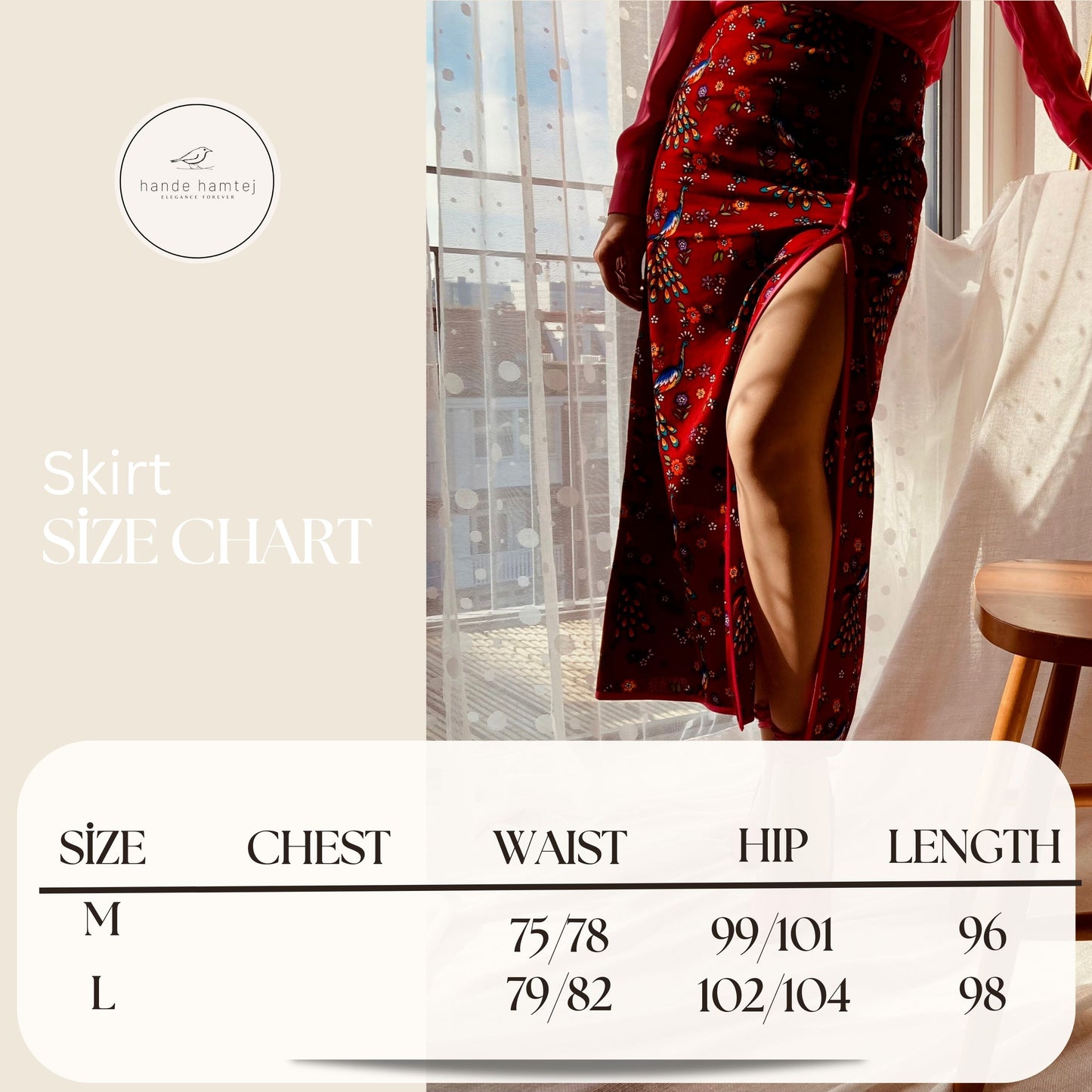 Midi Peacock Red Skirt Size Chart