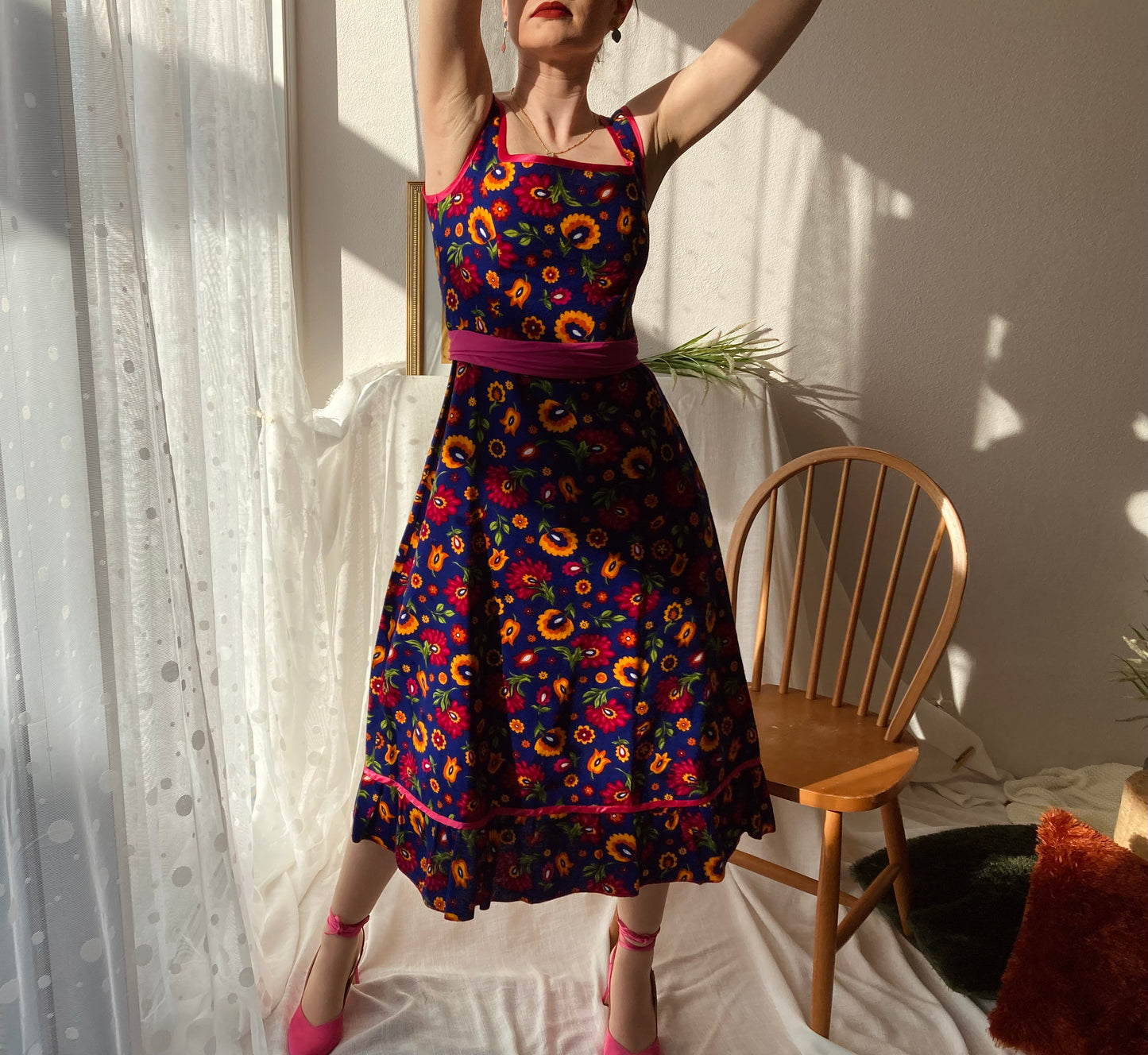 Navy Blue Midi Dress with Flowers