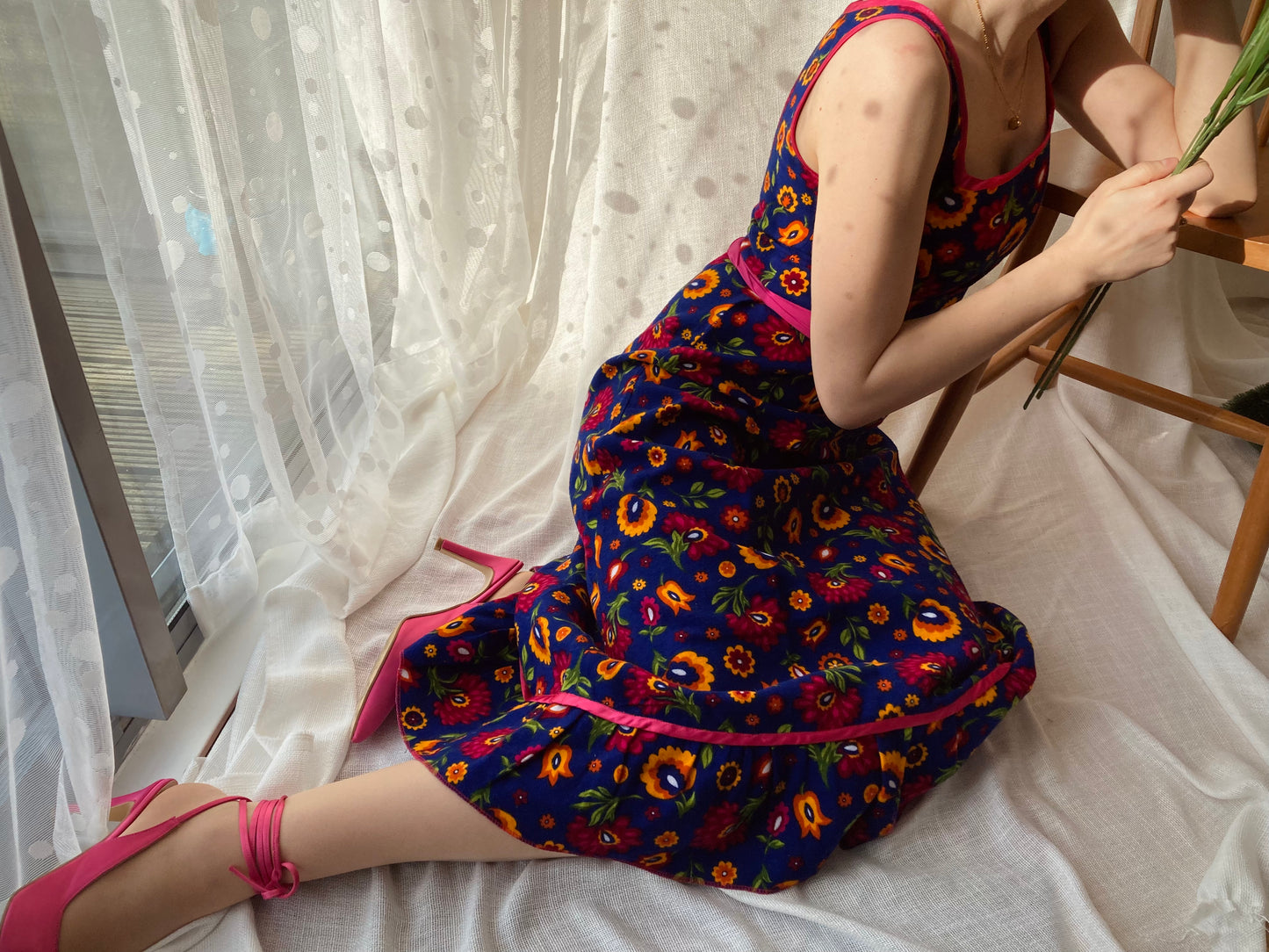Navy Blue Retro Floral Midi Dress