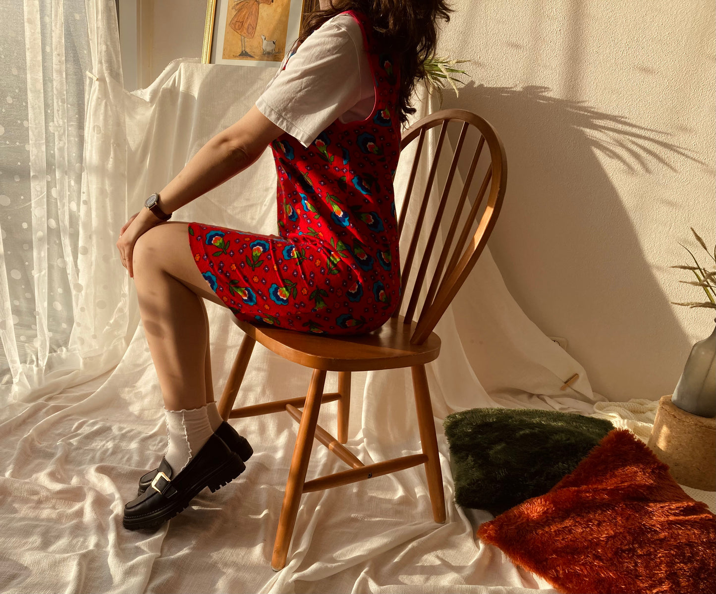 Red Salopette Dress with Flowers