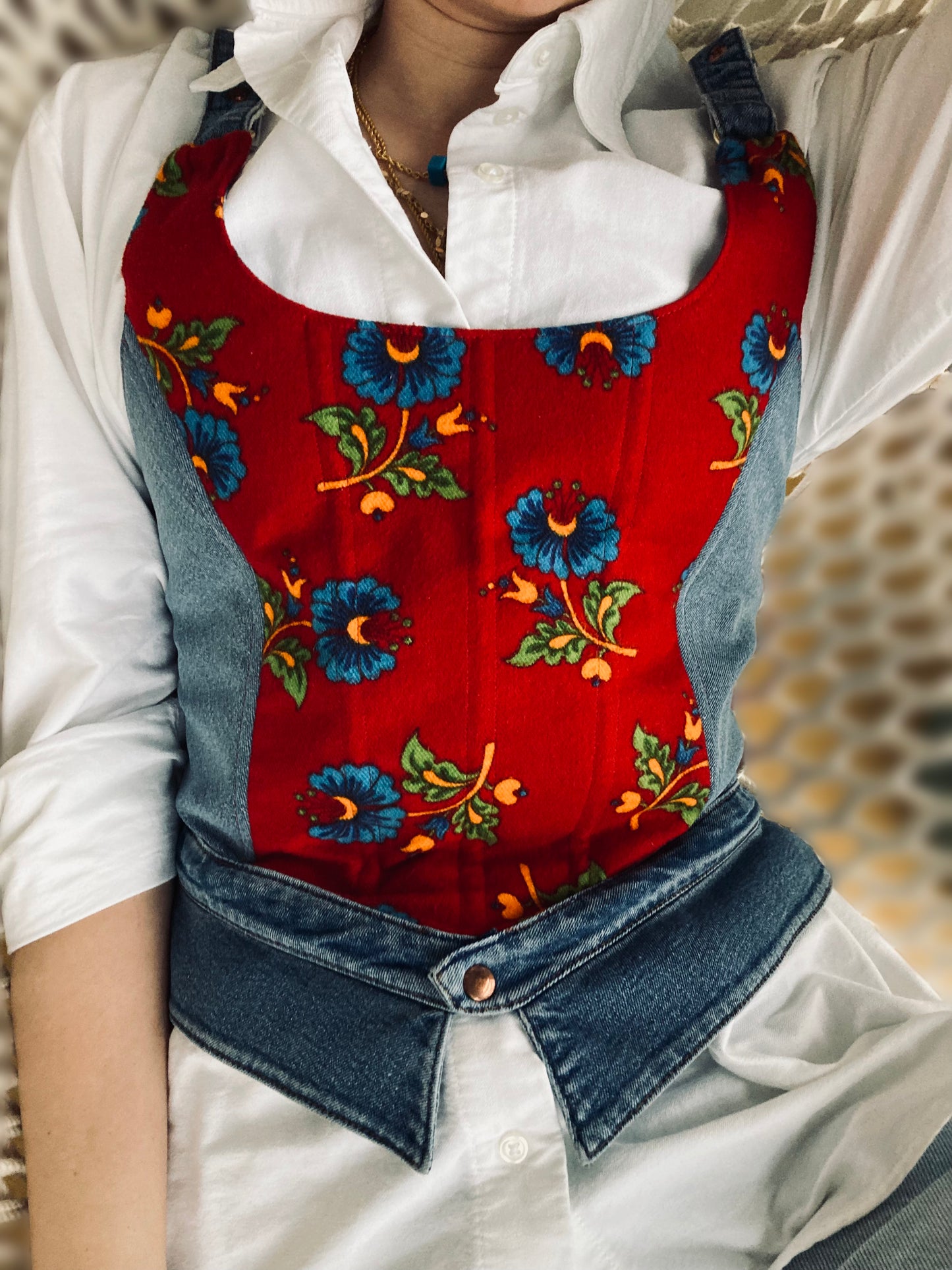 Upcycled Victorian Corset ; Turkish Pazen Fabric&Denim