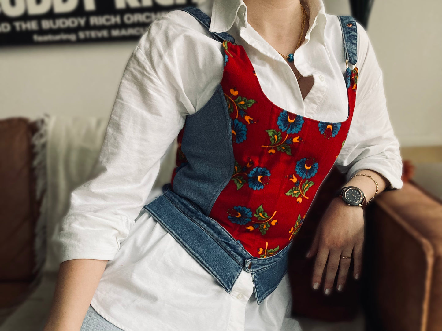 Upcycled Victorian Corset ; Turkish Pazen Fabric&Denim