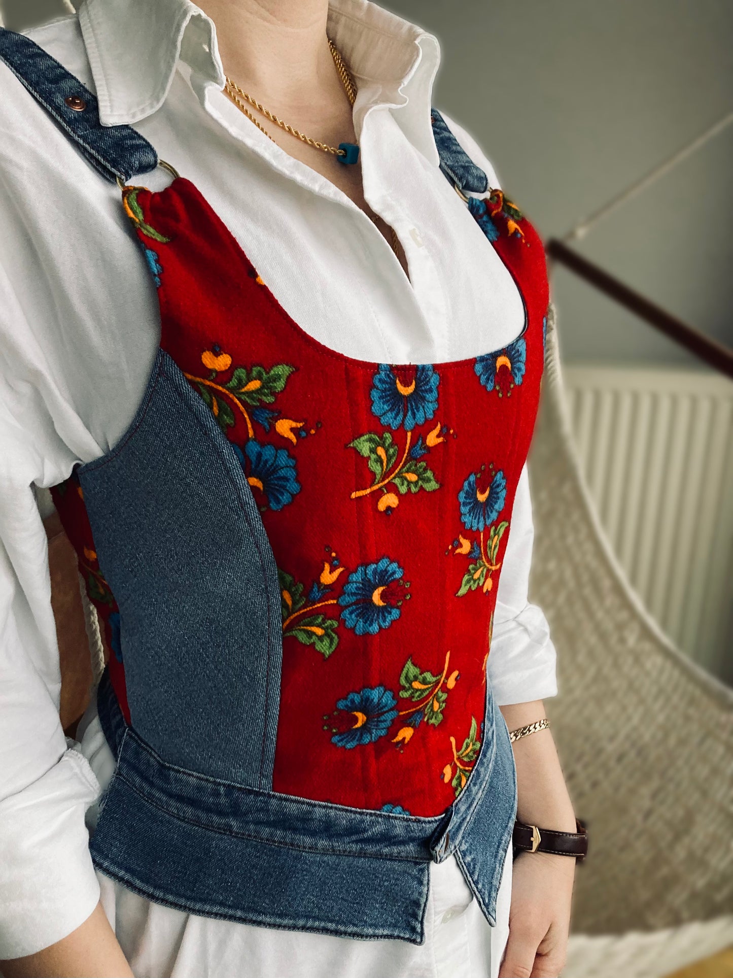 Upcycled Victorian Corset ; Turkish Pazen Fabric&Denim