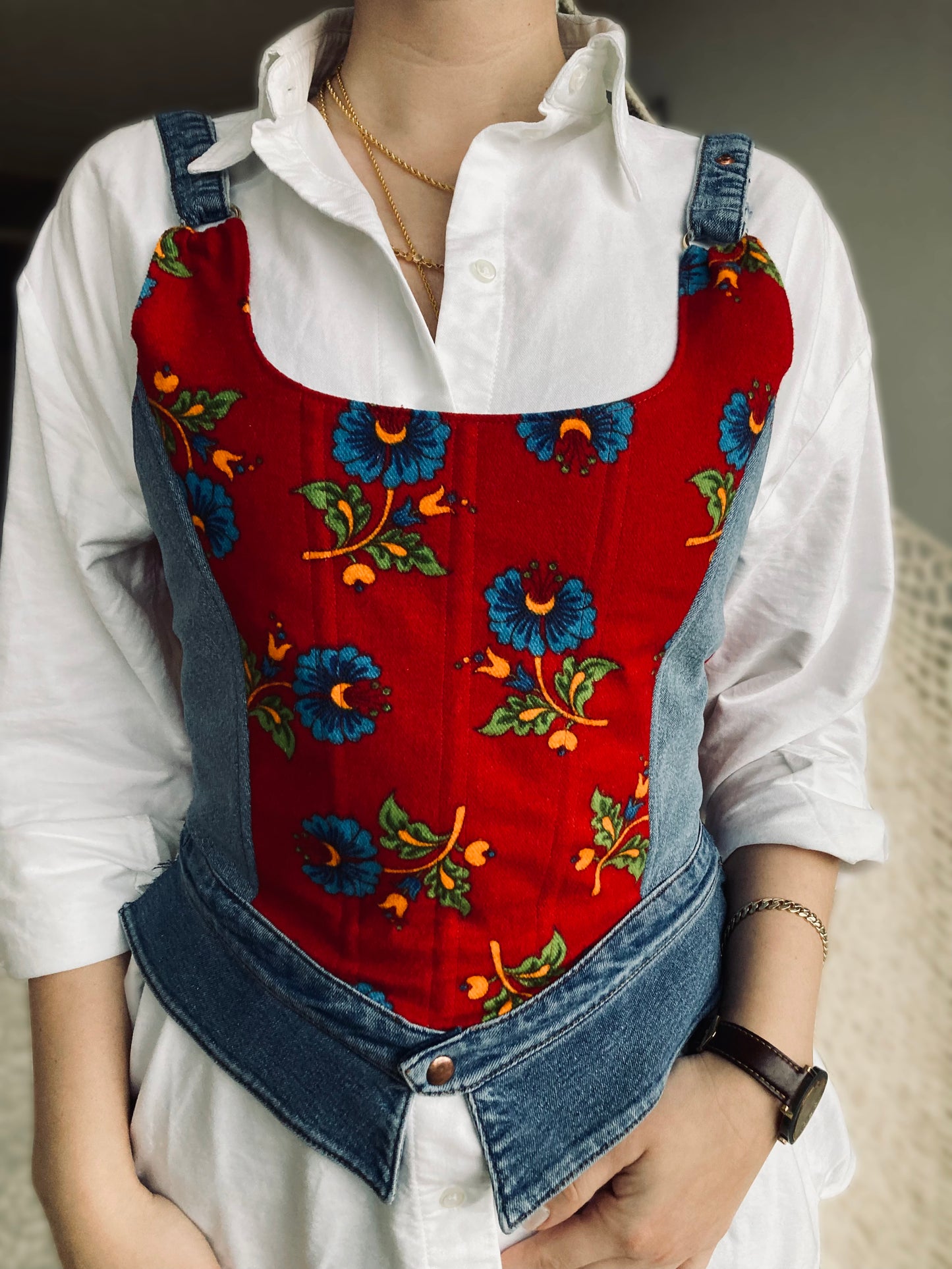 Upcycled Victorian Corset ; Turkish Pazen Fabric&Denim