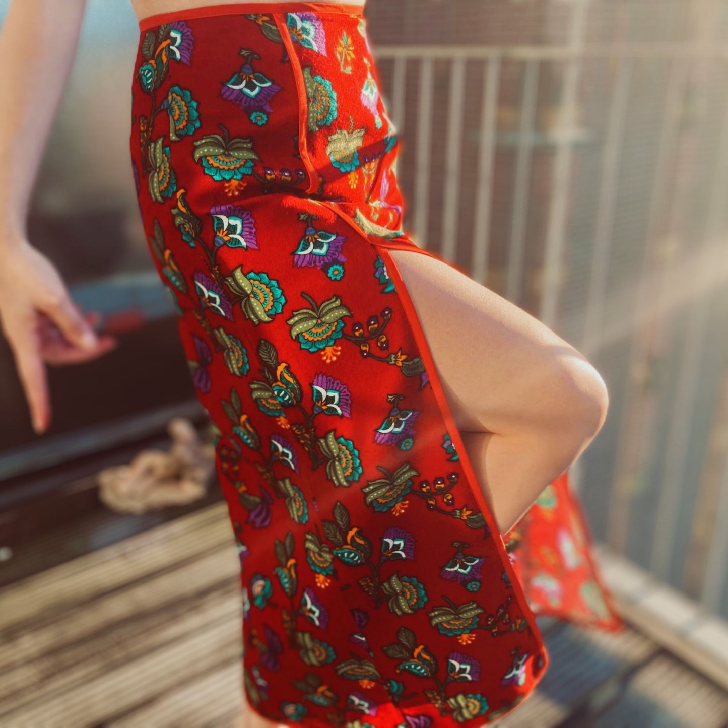 Red Floral Slit Midi Skirt